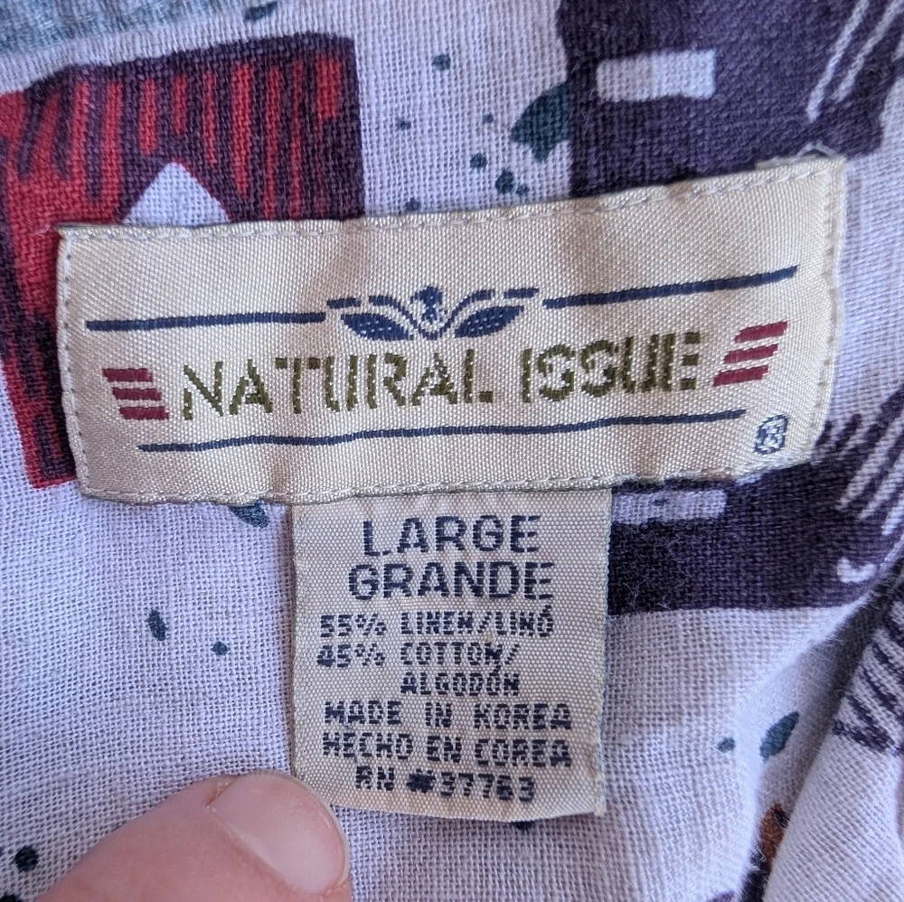 Vintage Natural Issue White Linen Aztec Men's Button Down Shirt Large